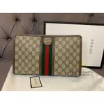 二手精品 GUCCI 古馳 OPHIDIA 條紋織帶 手拿包 洗漱包 烏木色 598234