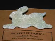 Muffin Ceramics Iridescent Handmade Pottery RABBIT HARE Brooch Pin 3 1/8"