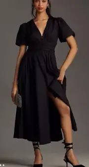 Anthropologie The Katerina Button Front Dress Puff Sleeves Pockets Black XS NWT