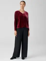 NWT Eileen Fisher V-Neck Dolman Sleeve Viscose Silk Velvet Top in Deep Claret 1X