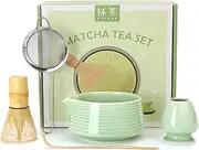 Matcha Whisk Set, Matcha Bowl with Spout, Matcha Whisk and Holder, Bamboo Matcha Scoop and Stainless Sifter - 5 Pcs Jade Green Matcha Kit for Matcha Lover