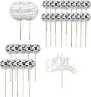 31Pcs Disco Ball Cupcake Toppers with Happy Birthday Cake Topper 1970S Disco Bal