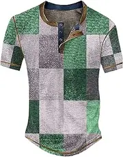 [Gutori] Men's Neck Short Sleeved Casual Top Striped Plaid Retro Western Denim Print Button Men's T Shirt Top Big
