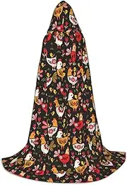 Cute Rooster Chickens Print Halloween Hooded Cloak 130/150/170cm Carnival Witch Costume Cosplay Theme Party