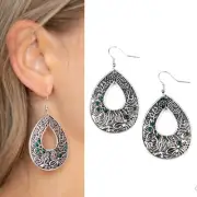 Botanical Butterfly~Green Rhinestone/Silver Teardrop Earrings Paparazzi