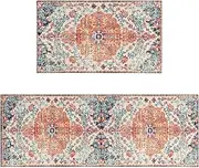 Boho Kitchen Rug Mat Country Rustic Kitchen Rugs Farmhouse Style Washable Non-Slip Kitchen Mats for Floor 2 Piece Boho Kitchen Decor (40x60/40x150cm) (Flowers red)