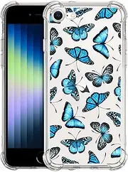 SuzaCase Clear Case for iPhone 7/8 / SE 2 2020 / SE 3 2022 - Stylish Butterfly Blue Pattern Design Printed Durable Clear Shockproof Drop Protection Back Case for iPhone 7/8 / SE 2 / SE 3