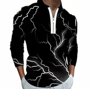 Men's Lightning Polo Long Sleeve Turndown Contemporary Casual Athleisure Casual Daily Zipper 3D Print Spring Fall Winter Black