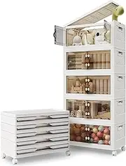 Warmiehomy Storage Boxes with Lids 69L*5 Tier Plastic Foldable Storage Box with Wheels, Collapsible Lidded Storage Bins Containers, Compact Stacking Crates for Office Home Bedroom Organisation