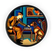 Home Decor Wall Clock Art Deco Chess Game with Gentleman and Dog Companion Fun