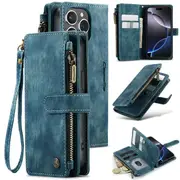 CaseMe C30 For Apple iPhone 16 Vintage Leather Folio Zipper Wallet Case with Magnetic Closure and 7 Card Slots (Sky Blue)