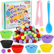iCraftine 158 PCS Fine Motor Skills Set - 150 Pom Poms, 6 Sorting Bowls, Tweezers, Spoon, Sensory Bin Filler for Preschool Kids Counting, Sorting, Matching Training Activity