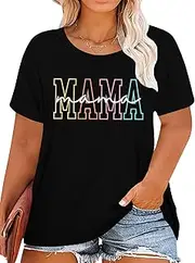 [QAUN] Plus Size Mama Shirt: Women Mama Leopard Print T-Shirt Funny Mom Life Top Mother Short Sleeve Tee
