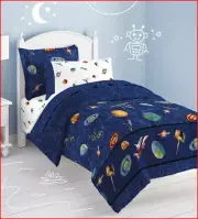 5 Piece- Outer SPACE Reversible Comforter & Sheet Set -ROCKET SHIPS Planets TWIN