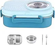 1pc Blue Stackable Stainless Steel Bento Box for Kids and Adults - BPA-Free, 3 Compartment Lunch Container with Reusable Sauce Bowl and Cutlery
