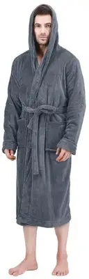 Mens Hooded Fleece Bathrobe Plush Long Spa Robe Pack of 1, Small/Medium, Grey