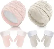 [Syhood] 2 Sets Baby Warm Winter Hat and Mitten Gloves Set for Kids Toddler Children Knit Beanie Hat Gloves for Girls Boys