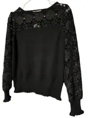 Philosophy Lace Sweater Women's S Long Balloon Sleeve Black Floral Mesh Eyelet