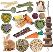 Rabbit Toys Guinea Pig Toys Hamster Toys Bunny Toys 18Pcs Natural Timothy Hay Sticks Apple Wood Sticks Chinchilla Toys for Teeth Care Handmade