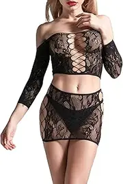 [Generic] Women's Costumes Sexy Fishnet Bodysuit Lace Hollow Outfit Lingerie Babydoll Mesh Mini Dress Out Fishnet Nightwear
