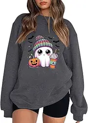 [Numaller] Halloween Sweatshirts for Women Ghost Oversized Crewneck Sweatshirt Cute Pumpkin Graphic Hoodies Fleece Pullover, Aa07 Dark Gray, X-Large