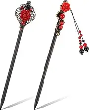 2 Pcs Chinese Wooden Hair Sticks Flower Hair Chopsticks Retro Hairpins Hair Accessories for Women Long Hair Classic Style (Red, One Size)