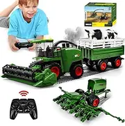 Ulikey RC Combine Harvester Toy, Combine Harvester Remote Controlled Large, RC Tractor Toy Kids Lawn Mower with Trailer, Spray, Light and Sound, Harvester Farm Vehicle Toy from 3 4 5 6 Years