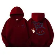 Rabbit Lettering Print Hoodie 8317-10 - With Lining - Wine Red - 3XL