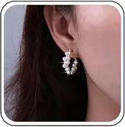 [Inateannal] Boho Pearl Hoop Earrings Gold Pearl Crystal Hoop Earrings Pearl C Shape Earrings Open Pearl Hoop Drop Earrings Rhinestone Pearl Dangle Earrings Bridal Pearl Earrings, Zinc, No Gemstone