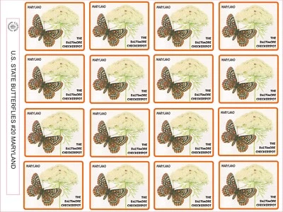 MARYLAND STATE BUTTERFLY - THE BALTIMORE CHECKERSPOT - 12 PER SHEET