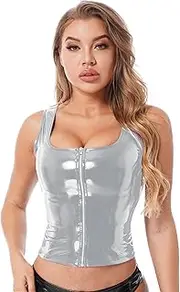 [Miutii] Womens Wetlook Zipper Sleeveless Tank Top Metallic Shiny Slim Fit Tummy Control Crop Top Vest