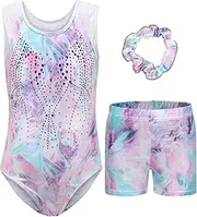 [SEAUR] Girls Gymnastic Leotard Athletic Dance Leotards Gymnastics Suit with Shorts Sparkly One Piece Dance Unitard Biketards