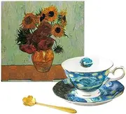 Van Gogh Series Fine Bone China Coffee Cup, Tea Cup Spoons and Saucer Perfect Birthday Holiday Commemorative Gift (Starry Night)