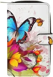 [QMNRTK] Colourful Butterfly And Floral Credit Card Wallet Rfid Blocking Slim Bifold Genuine Leather Minimalist Front Pocket Wallets Keychain Wallet for Men And Women, style, 19.7x11x3.5cm