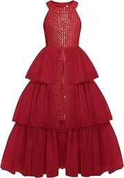 [Seanrui] Girls Sequin Dress Formal Pageant Sparkle Three Layer Mesh Halter Dress Special Occasion Dress Size 5-14Y