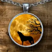 WOLF MOON TREE charm pendant 22" Sterling 925 Silver necklace Gold Gift women