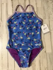 NWT Dolfin Uglies Girls One Piece Swimsuit Size 14 Blue Stargazer Print UPF 50
