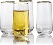 Lysenn Stemless Wine Glasses Set of 4 - Premium Hand Blown Drinking Glasses for Bubbly Wine & Champagne - Elegant Vertical Stripe and Gold Rim Champagne Flutes – Clear 17oz