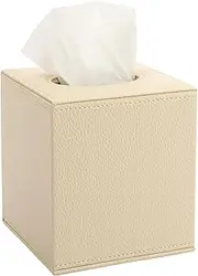 BTSKY PU Leather Cube Tissue Holder Box - Household/Office Square Tissue Box Cover, Textured Tissue Paper Box Case Napkin Holder, Beige