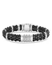 Lagos Sterling Silver Black Caviar Collection Pave Diamond & Black Ceramic Station Bracelet Medium+: 6.75"-7.25"