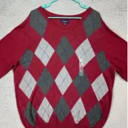 Croft Barrow Sweater Adult XL Red Argyle True Comfort V Neck Pullover Mens NEW