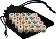 16mm Poker Dice Ivory Tone Multicolored Characters Rounded Corners + Black Velvet Cloth Storage Pouch (20 Dice, Pouch)