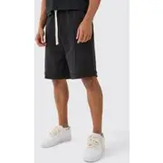Mens Black Oversized Drop Crotch Rib Hem Loopback Short