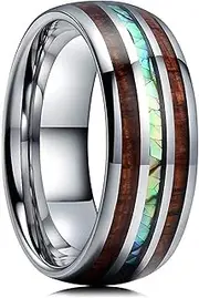 [Mulmoy] 8 mm Men's Silvery Stainless Steel Ring Hawaiian Wood Abalone Shell Inlay Dome Engagement Ring Men's Wedding Band