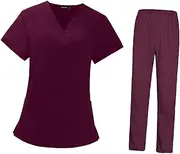 [UxicRuya] Women's Scrubs Set Work Uniforms Red Top And Pants Scrubs Jogging Pants Nurse Costume for Nurse