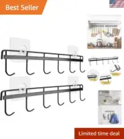 Polished Stainless Steel Wall Rack - 6 Hooks, No Damage Adhesive, Pack of 2