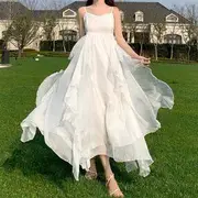 Strappy Ruffled Maxi A-Line Chiffon Dress / Shawl Dress - White - L