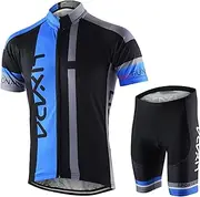 [HUIOP] Cycling Clothing, Men Breathable Quick Dry Comfortable Short Sleeve Jersey + Padded Shorts Cycling Clothing Set Riding, Blue, XX-Large
