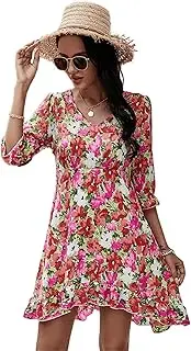 [SHINsuke] Women Summer 3/4 Sleeves Floral Print Mini Dress, Casual Ruffles V Neck Chiffon Short A-Line Dress Spring Holiday