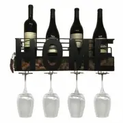 Home Wall Mount Hanging Wine Rack & Cork Holder for 4 Bottles and 4 Wine Glasses